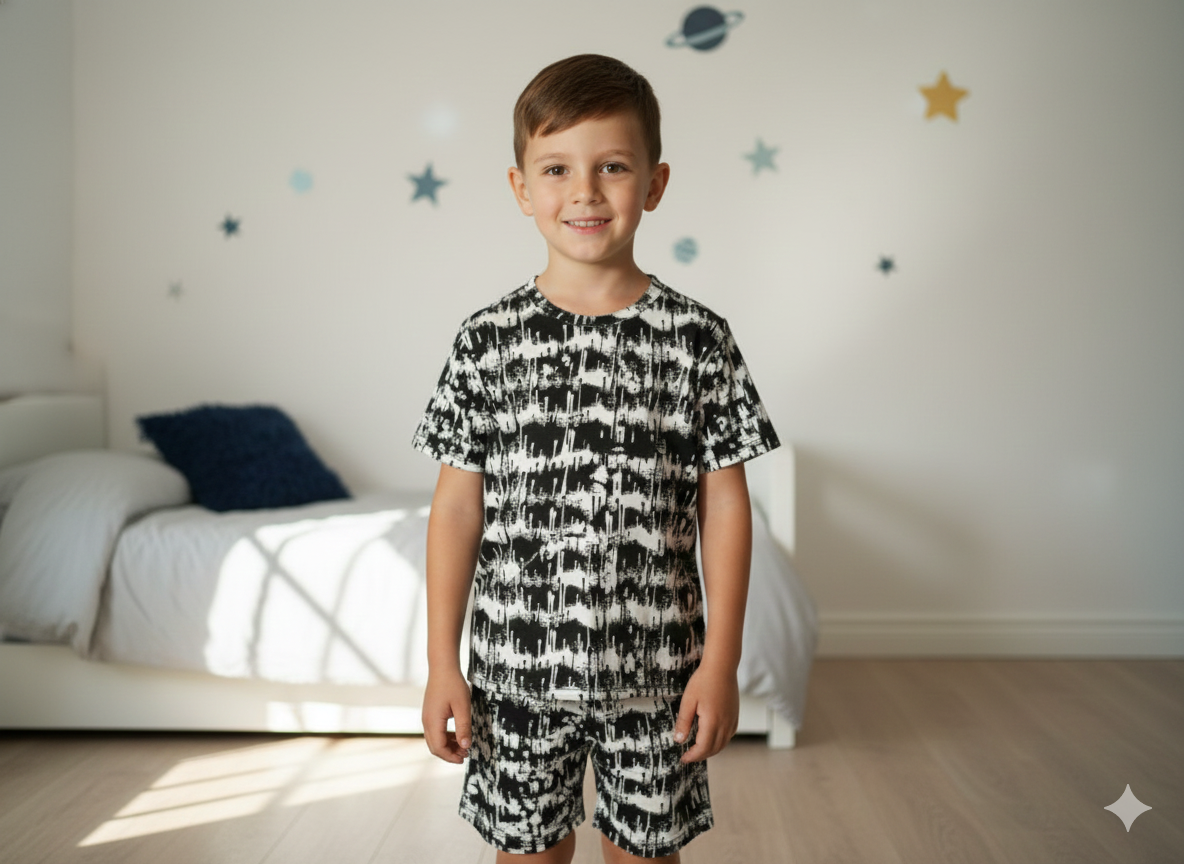 Stylish two-piece short set for a boy featuring a bold, abstract black and white print