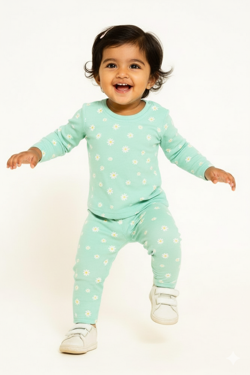 Premium Loop Net mint green full-sleeve co-ord set decorated with tiny white and yellow daisy prints.