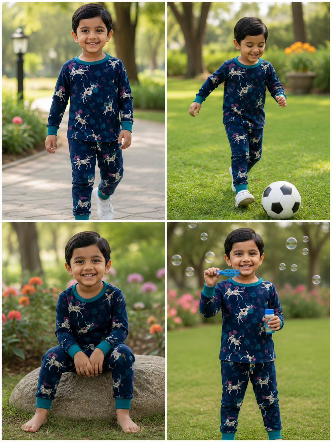 Premium winter Dark navy full-sleeve co-ord set decorated with cute unicorn and floral prints